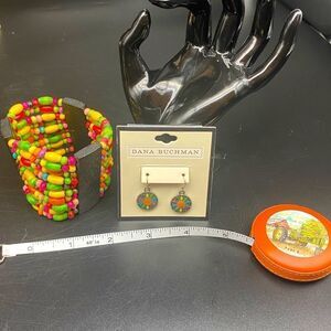 Ladies 7” stretch bracelet with multicolored wooden beads coupled with earrings